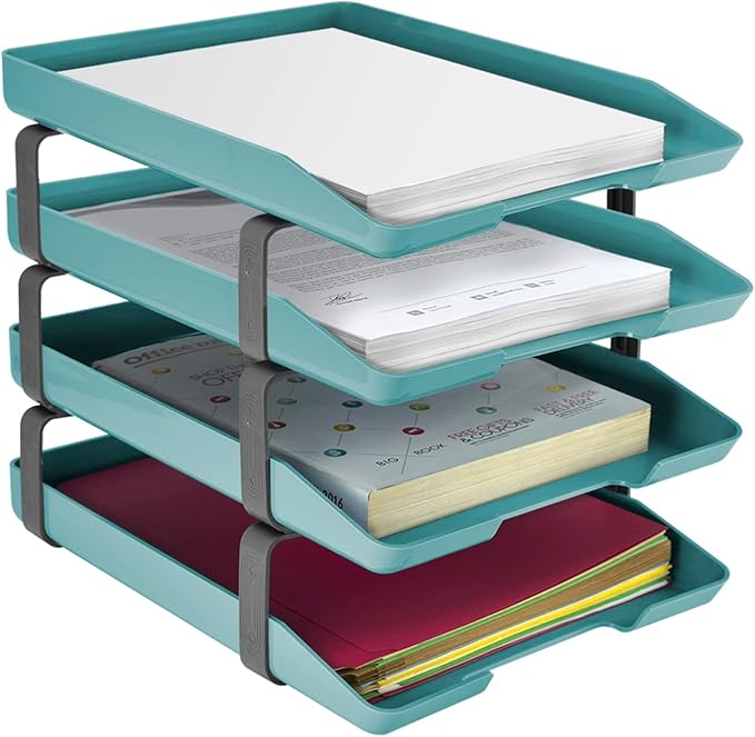 Acrimet Traditional 4 Tier Letter Tray, Front Load Design, A4 Letter Size, Desktop Organizer (Plastic) (Solid Green Color)