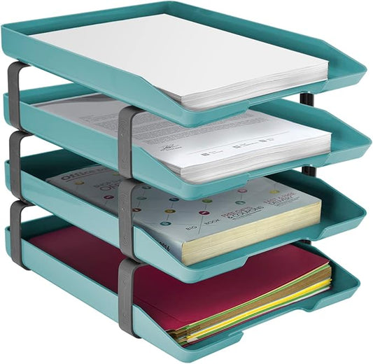 Acrimet Traditional 4 Tier Letter Tray, Front Load Design, A4 Letter Size, Desktop Organizer (Plastic) (Solid Green Color)