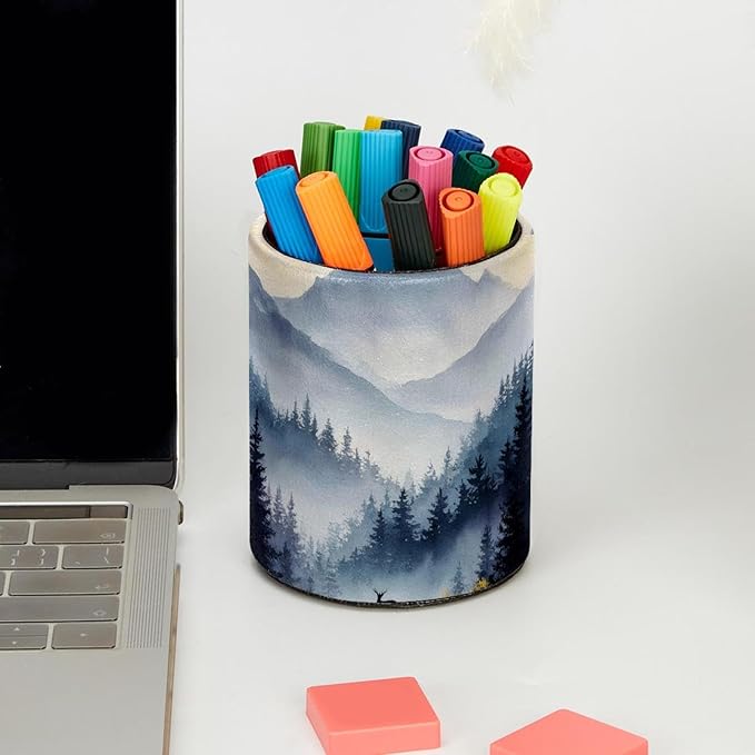 1 Pack Watercolor Mountain Deer Circular Pen & Pencil Holder - Durable PU Leather Pencil Cup, Desk Accessories Organizer for Office Desk School Home