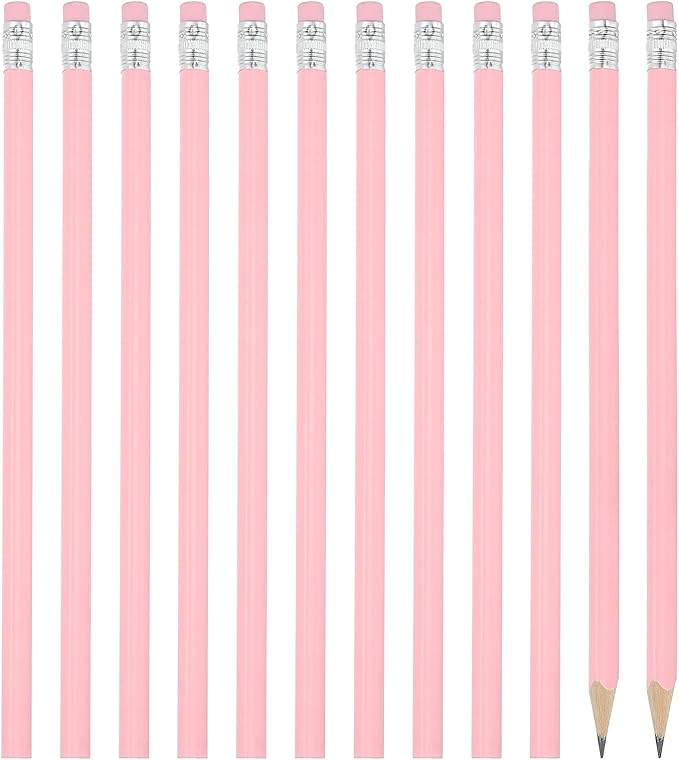 PATIKIL Round Pencils, 12 Pack Triangle HB Graphite Pencil Woodcase Wooden Pencils with Eraser for Classroom Office Writing Drawing Supplies, Pink