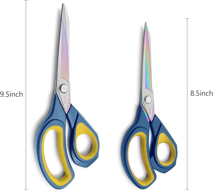 LIVINGO 2 Pack Sharp Fabric Scissors - Heavy Duty Scissors All Purpose, Titanium Coated Forged Sewing Shears for Tailor Dressmaking Crafting Cutting Clothes Leather, 8.5" & 9.5", Blue & Yellow