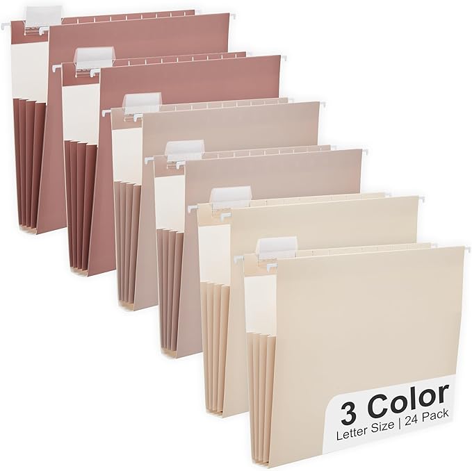 Y YOMA Letter Size - 24 Pack Extra Capacity Hanging File Folders Accordion Decorative File Folder Cute Colored Hanging Folder Organizer for Office Home with 1/5-Cut Adjustable Tabs, Mocha Color