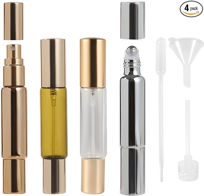 2-in-1 Travel Fragrance Spray and Roller-On Fragrance Bottle - Refillable Perfume Bottles (4 Pack) 10ML Essential Oil Roller, Travel Essentials, Roller-On Fragrance Spray Combo