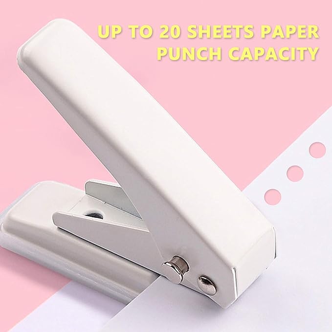 Single Hole Puncher Handheld 1/4 Inches Hole Punch, 20 Sheet Paper Punch Capacity Metal Hole Puncher with Skid-Resistant Base for Paper, Chipboard, Art Project, Ivory White