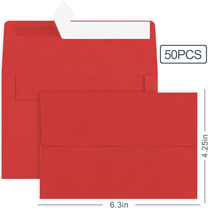 50 Pack 4x6 Printable Envelopes - Self Seal A4 Red Envelopes for Invitations, Baby Showers, Birthdays, Weddings & Postcards