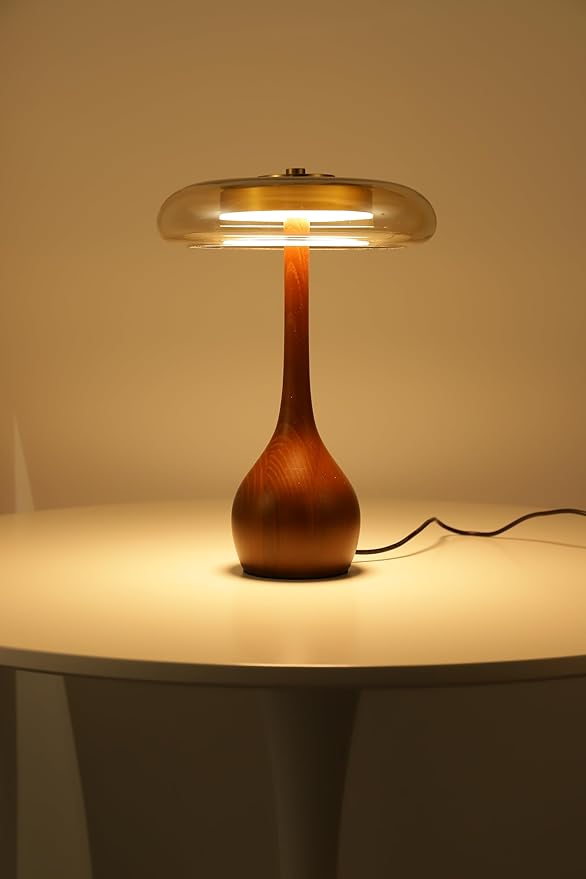 Small Table Lamp for Bedroom-Wooden Base Teardrop Mushroom Table Lamps,Amber Glass Shade,LED Three Color Temperature Adjustable Brightness Modern LED Side Table and Desk Lighting(H 12.4 in)