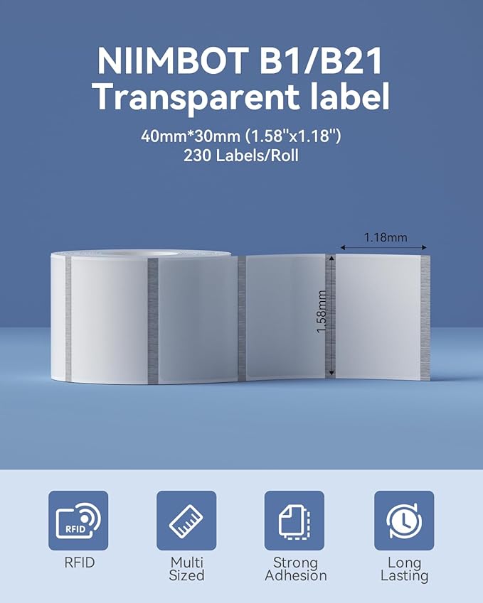 NIIMBOT Thermal Label Maker Paper 40×30 mm Clear 2Packs for B1 B21 B31 K3 Label Maker