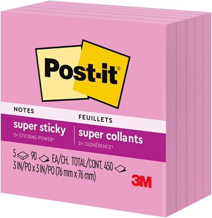 Post-it Super Sticky Notes, 5 Sticky Note Pads, 3 x 3 in., School Supplies, Office Products, Sticky Notes for Vertical Surfaces, Monitors, Walls and Windows, Tropical Pink