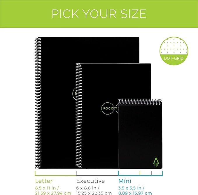Rocketbook Core Reusable Spiral Notebook, Executive Size 6x8.8, Black - Dotted Pages, App-Connected, Erasable, Durable Cover, Ideal for School, Work, and Creative Projects