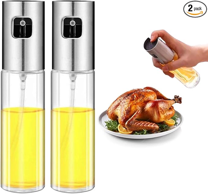 VIGOR PATH Oil Sprayer Mister - 100ml Stainless Steel Cooking Oil Sprayer Bottle for Air Fryer, BBQ, Salad, Baking, and Roasting - Refillable Oil, Vinegar, Sprayer for Kitchen Gadgets - Pack of 2