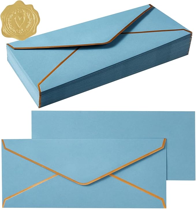100 Pack #10 Business Envelopes with Gold Border, Self Seal Standard Envelopes with Gold Stickers for Office, Checks, Letter Mailing, Invoices, 4 1/8 x 9 1/2 Inches (Dusty-Blue)