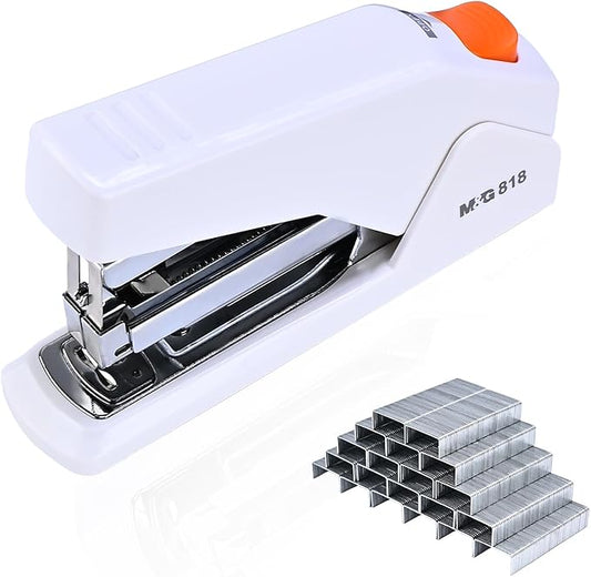 M&G Effortless Stapler with 1000 Staples for Desk, 25 Sheets Capacity Heavy Duty Desktop Staplers, Jam Free, Easy to Load, Ergonomic One Finger Touch Stapler for Office School Supplies (White)