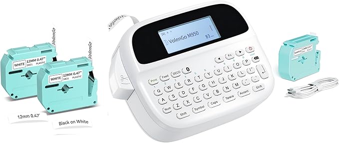 M950 Label Maker Bundle, Label Maker Machine with Tapes 12mm White, Portable Bluetooth Labeler with Backlit-LCD, MZ Tapes 12mm 0.47 White, 3-Pack