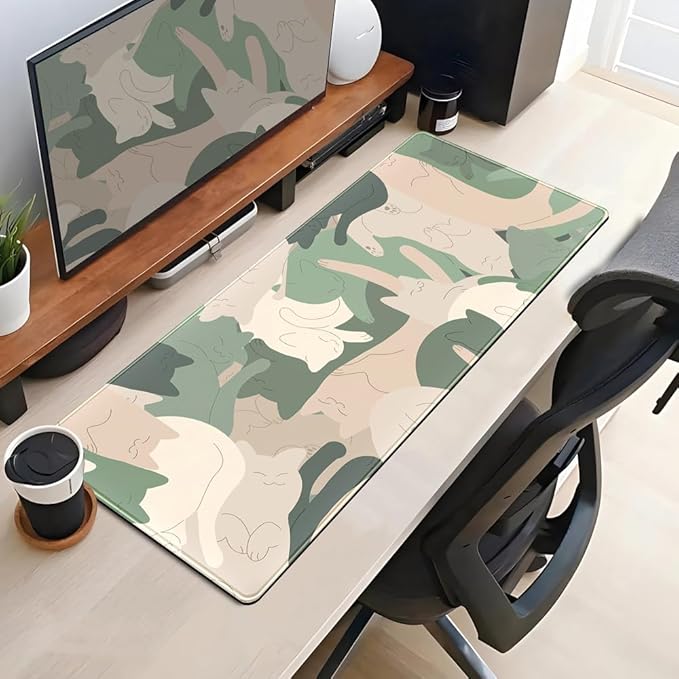Green Simple Cat Desk Mat Sleeping Cute Long Cool Mouse Pad for Laptop Gaming Computer Keyboard Pad Office Decor Desk Pads Accessories On Top of Desks Office Supplies Mat (31.5x11.8In) Stitched Eges