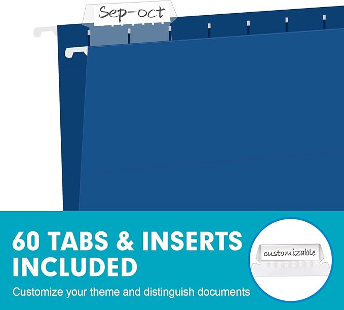 Hanging File Folders, RAZCC 60 Pack Reinforced Hanging Folders Legal Size, Designed for Bulky Files, Filing Cabinet, Adjustable Tabs, Assorted Colors