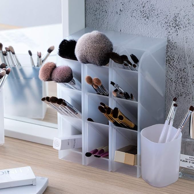 Marbrasse 5 Pcs Desk Organizer for Office, School, Home Supplies, Translucent White Pen Storage Holder, Set of 3, 2 Cups 14 Compartments (White)