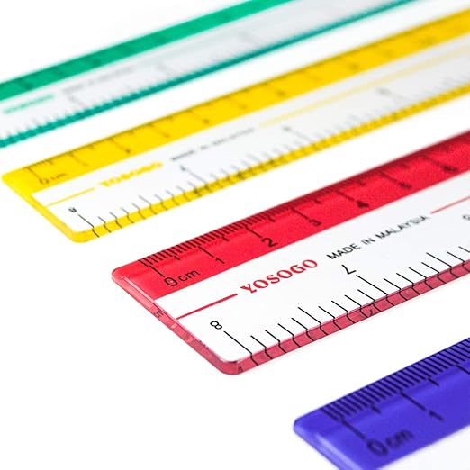 8 inch/20 cm Rulers. Pack of 12 of Premium Quality Plastic Transparent Rulers | Yellow, Green, Red, Blue