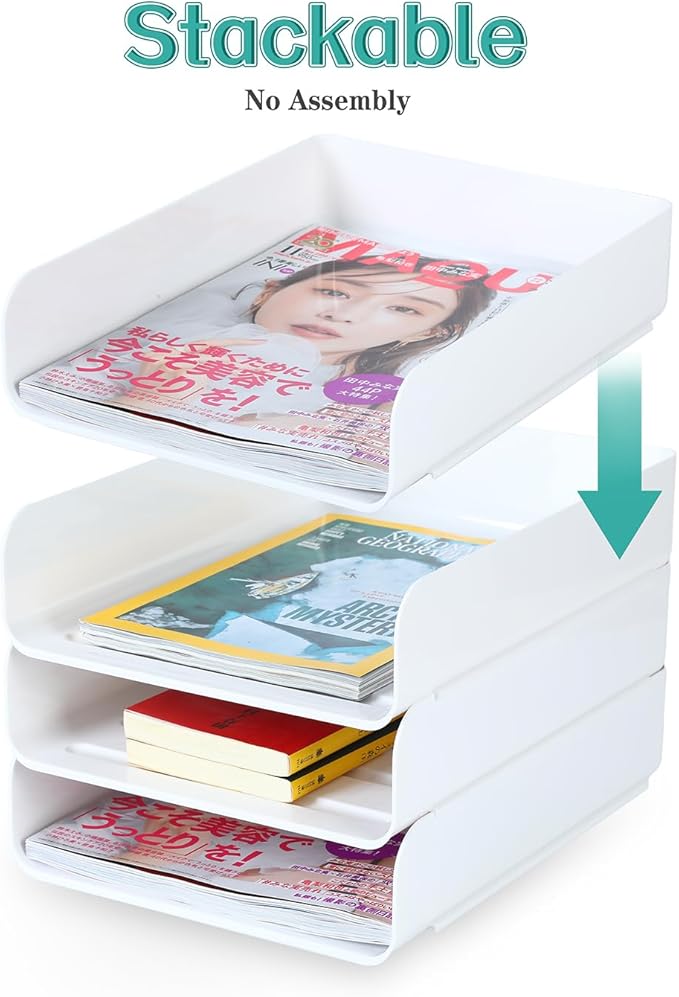 (4pcs Pack) HKeeper Stackable Paper Trays,Letter Tray Organizer,Office Desktop Organizer,A4 Paper Holder,Supplies Magazine,File Documents,Receipts（White,Regular）