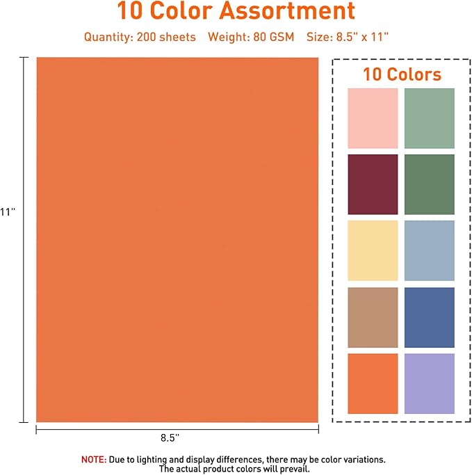 MAXECHO 8.5" × 11" Bulk Colored Copy & Print Paper, 200 Sheets 10 Assorted Colors Printer Paper Computer Paper Suitable for Origami, Crafts, DIY Projects, 80 GSM