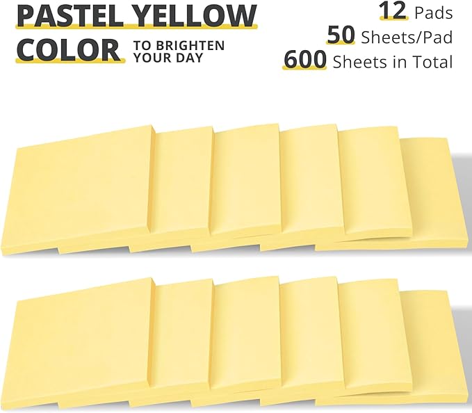 Sticky Notes, 12 Pads, 3x3 inches, Yellow Self-Stick Note Pads, Perfect for Office, Study, and Daily Life Organization - Yellow