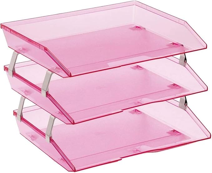 Acrimet Facility 3 Tier Letter Tray, Side Load, Letter Size/A4, Desktop File Organizer, Plastic (Clear Pink Color)