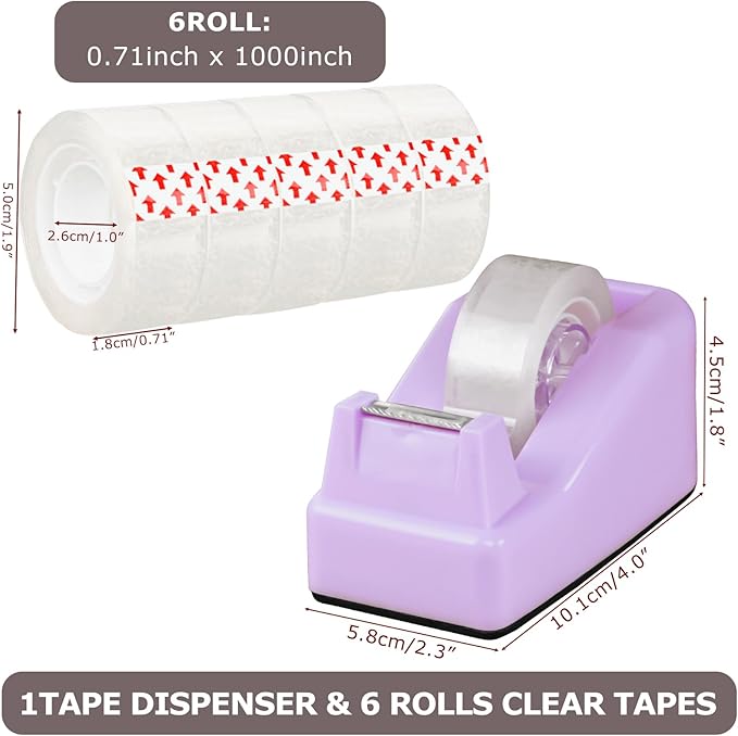Desktop Tape Dispenser Purple with Weighted Nonskid Base - Includes 6 Rolls of Transparent Tape (0.71 Inch x 1000 inches Each)