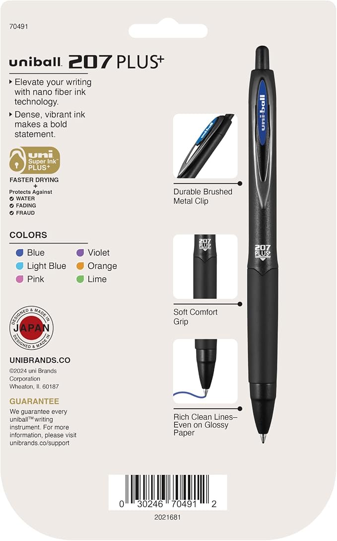 uni-ball 207 Plus+ Retractable Gel Pens 6 Pack in Assorted Colors with 0.7mm Medium Point Pen Tips - Uni-Super Ink+ is Smooth, Vibrant, and Protects Against Water, Fading, and Fraud
