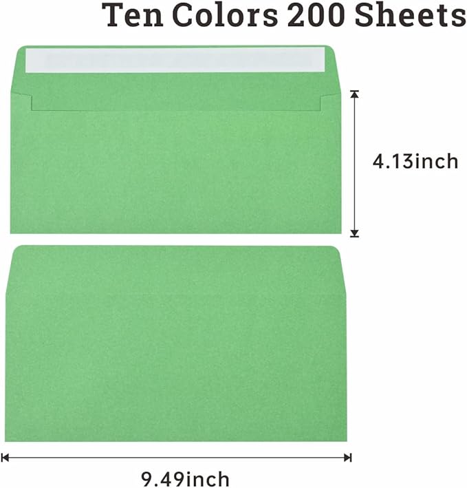 200 Pack #10 Business Envelopes, Self Seal Standard Envelopes for Office Checks, Business Letter Mailing, Invoices, Invitations, 4 1/8 x 9 1/2 Inches (Ten Colors, 4.13 x 9.49)