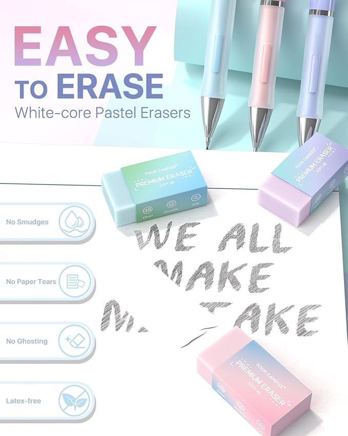 Four Candies 0.7mm Mechanical Pencil Set - 6PCS Cute Pencils with 360PCS HB & 2B Lead Refills, 3PCS Pastel Erasers and 9PCS Eraser Refills, Aesthetic School Supplies for Student Writing Drawing