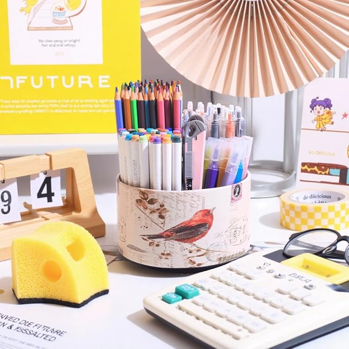 360° Rotate Desk Pen Organizer, Makeup Brush Holder Organizer, Makeup Organizers Countertop, TV Remote Control Holder,Leather Remote Caddy,Dual-Purpose Art Supply Pencil Cup (Bird)