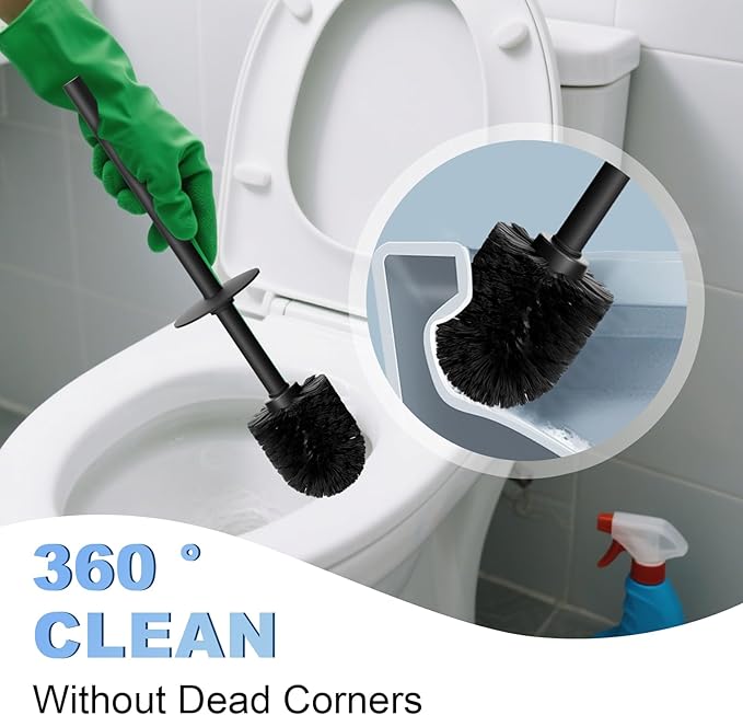 Toilet Brush and Holder Set, NEWRAIN 304 Stainless Steel Toilet Brush with Long Brush Handle, Matte Black Toilet Scrubber and Covered Holder, Round Design Sturdy and Space Saving, Covered Brush
