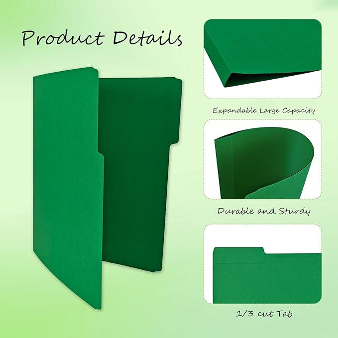 12Pcs Green File Folders Letter Size Colored Manilla File Folders with 1/3-cut Tabs Decorative File Pockets for Office School Business Home Organizer (12, Green Series)