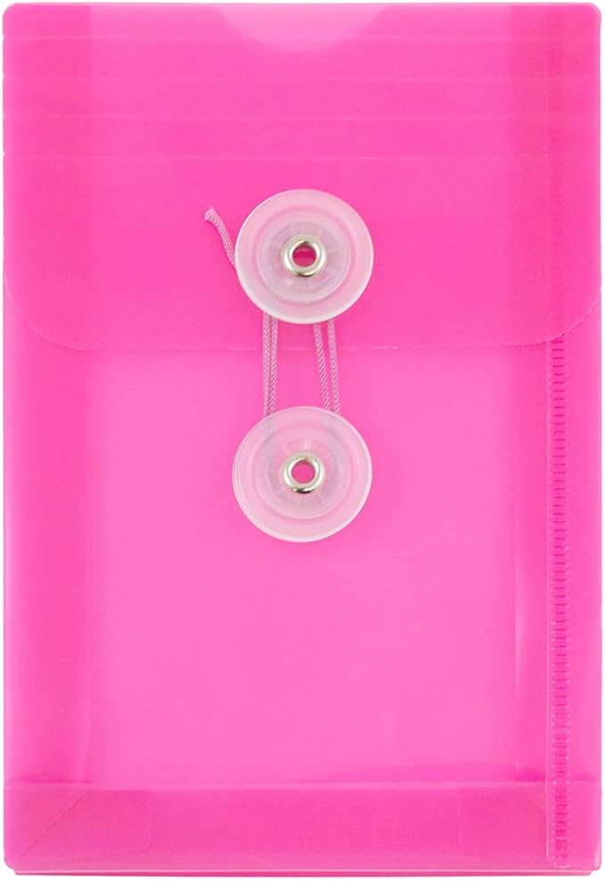 JAM PAPER Plastic Envelopes with Button & String Tie Closure - 4 1/4 x 6 1/4 - Fuchsia Pink - 12/Pack