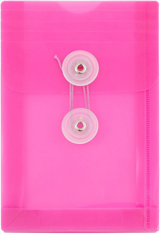 JAM PAPER Plastic Envelopes with Button & String Tie Closure - 4 1/4 x 6 1/4 - Fuchsia Pink - 12/Pack