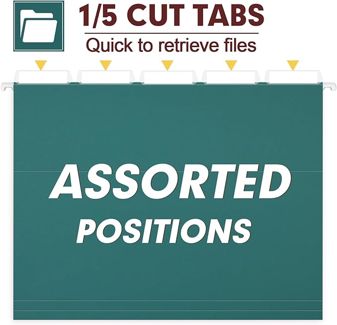 HERKKA Hanging File Folders, 30 Pack Reinforced Letter Size Hanging Folders, Designed for Bulky Files, Filing Cabinet, 1/5-Cut Adjustable Tabs (Teal)