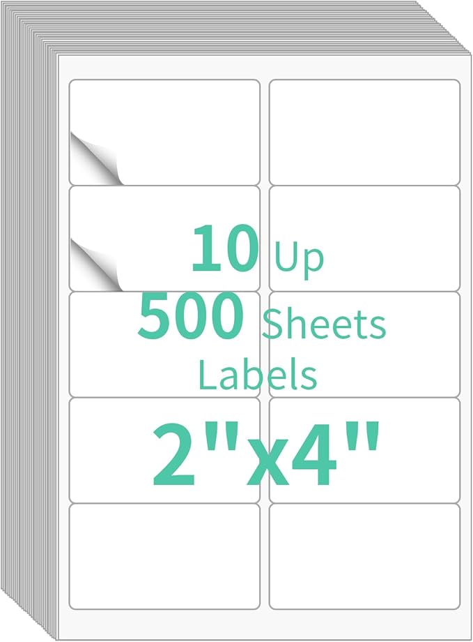 500 Sheets 10 up Labels, 2" x 4" Sticker Printer Paper for Laser/Inkjet Printer, Mailing Blank Labels, Self Adhesive Customizable