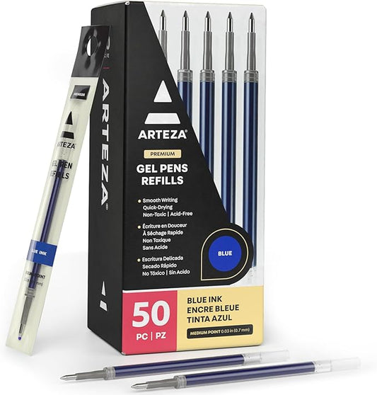 ARTEZA Gel Pen Refills, Pack of 50 – Blue Ink Rollerball Refills with Fine Tip, Quick-Drying, Non-Toxic, for Office, School & Everyday Writing