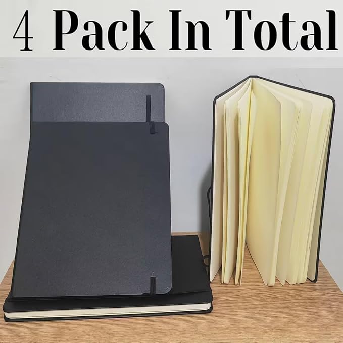 XIUSHE 4 Pack Black Hardcover Spiral Notebook Spiral Journals for Women 192Pages,9.84x7.48Inches,100gsm Paper,Cute College Ruled Notebook, Back Pocket,Office Supplies (CS-style)