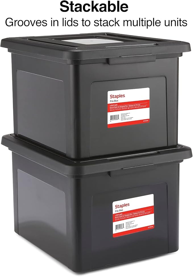 STAPLES Hanging File Folder Box, Storage Bin Organizer, Snap Lid, Letter & Legal Size Documents, Black