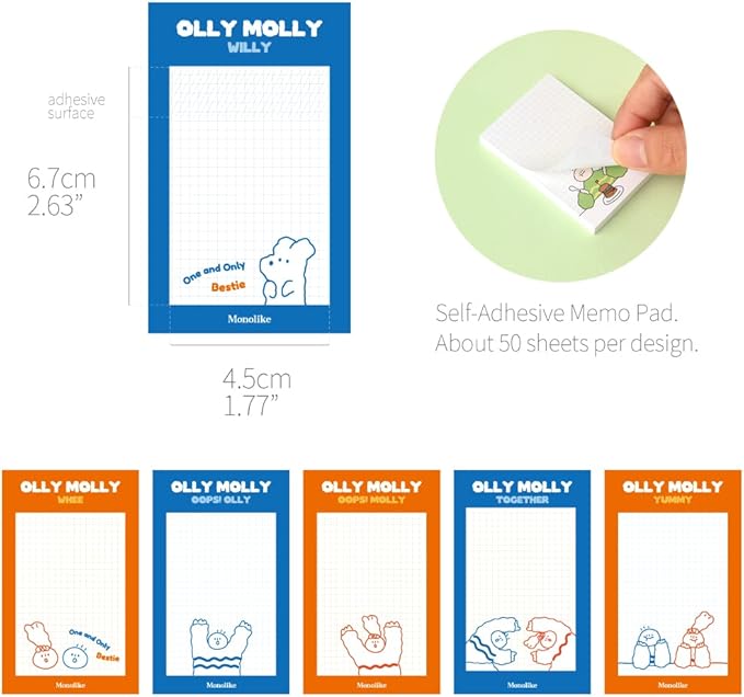 Monolike Grid Olly Molly, Drawing Sticky-it - 6p Set Self-Adhesive Memo Pad 50 Sheets