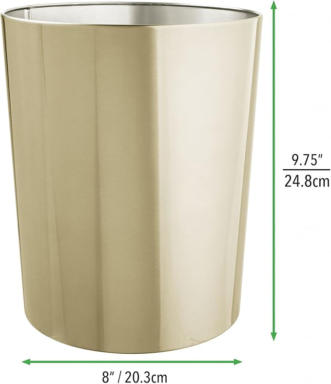 mDesign Round Metal Modern Compact Freestanding Plastic Toilet Bowl Brush and Round 6.4 Liter/1.7 Gallon Wastebasket Garbage Can Combo Set for Bathroom Cleaning - Mirri Collection - Set of 2 - Brass