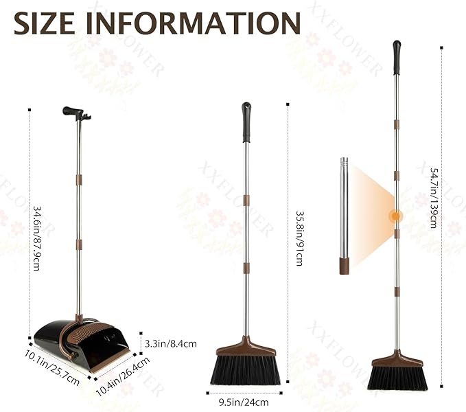 XXFLOWER Broom and Dustpan Set with Long Handle, Light Weight Stainless Steel Poles Stand Upright Dustpans with Broom Combo for Home Kitchen Office Pet Dog Hair, 1-Pack (Black Brown)