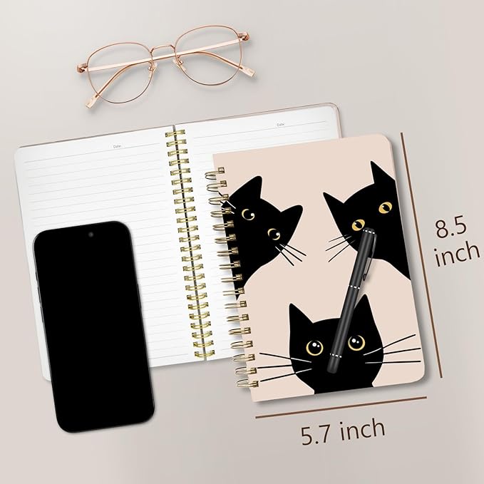 Cute Spiral Notebook journal A5 Aesthetic Pretty Floral Design for Women Girls Kawaii with Pocket, 8.5 x 5.7 inch, Black Cat