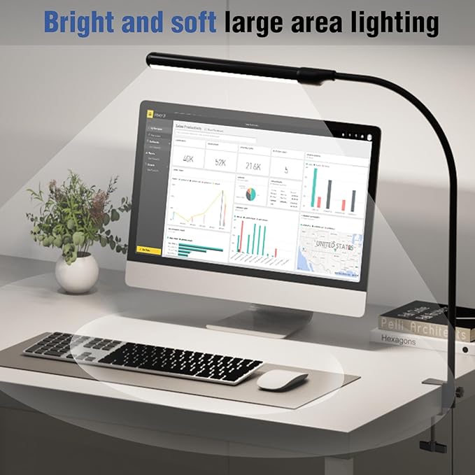 MYPLUS LED Desk Lamp with Hand Wave Sensor, 5 Color Temperatures 2700K-6500K, Touchless Dimming, 360° Adjustable Gooseneck, Clamp Table Lamp, 110V