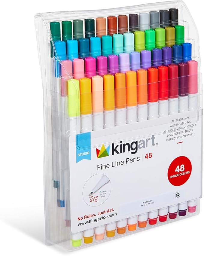 KINGART Studio Fine Line Pens, 48 Colors Set, 0.4mm Ultra Fine Tip for Drawing, Sketching, Journaling, Adult Coloring, & Art Projects, Water-Based Ink, Non-Bleeding.