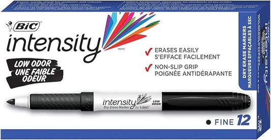 BIC Intensity Black Low Odor Dry Erase Markers, Fine Tip, 12-Count Pack of Erasable Markers With Low-Odor Ink for a Pleasant Writing Experience