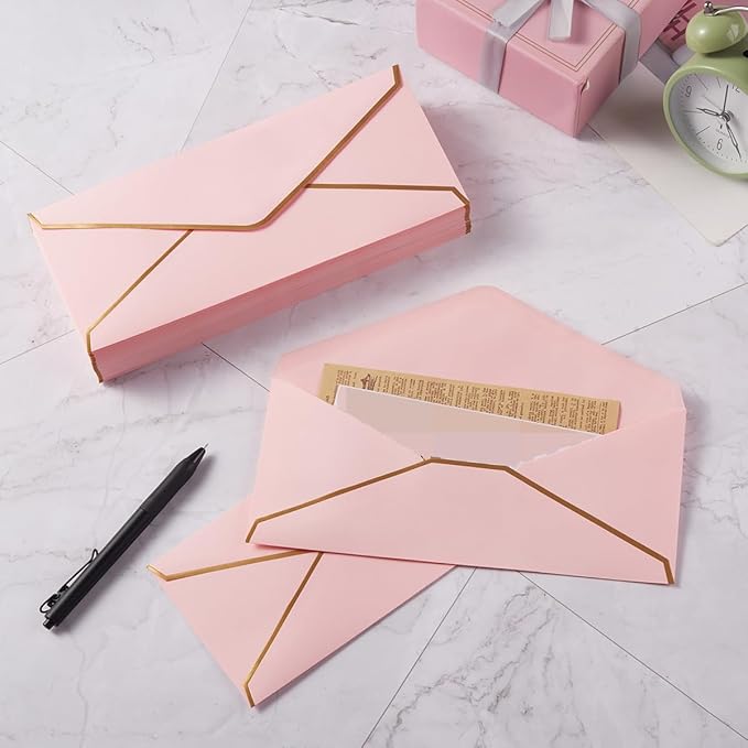 100 Pack #10 Business Envelopes with Gold Border, Self Seal Standard Envelopes with Gold Stickers for Office, Checks, Letter Mailing, Invoices, 4 1/8 x 9 1/2 Inches (Pink)