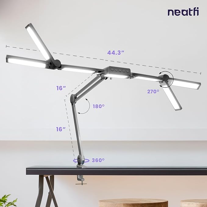 Neatfi (New Model) 3,000 Lumens LED Desk Lamp, Dimmable, 360 SMD LEDs, 30W, CRI 95, Adjustable Light Modes, Task Lamps for Home Office, Study Lamp, Desk Light Bar (CCT with Clamp, Silver, 44 Inches)