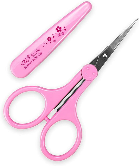 Eyebrow Scissors, Small Scissors for Facial, Nose, Eyebrow, Mustache, and Beard Hair Trimming & Grooming, Straight Edge, Pink Long Cap