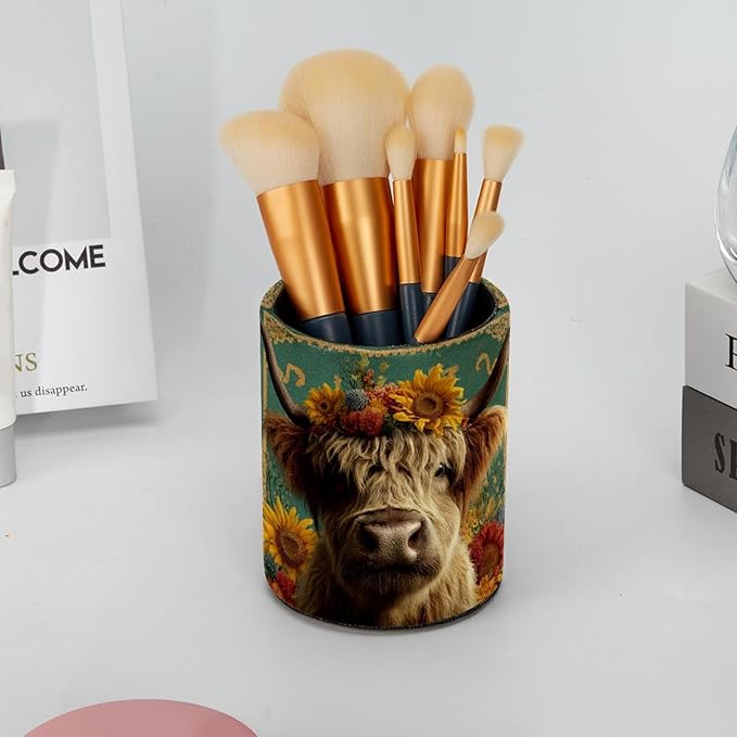 Watercolor Sunflower Yak Circular Pen Holder, Pen Cup Makeup Brush Holder, Design for School, Home and Stationary Supplies (3.9 x 3.1 Inches)